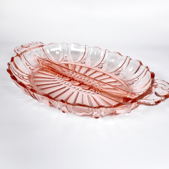 VTG Pink Depression Glass Oval Divided Candy Relish Dish 12" Long Oyster Pearl - Picture 2 of 10